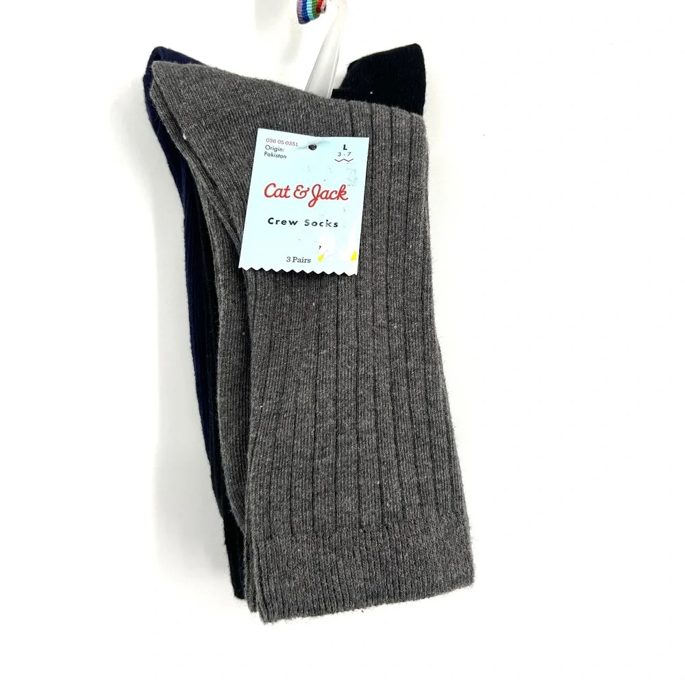 NEW Cat & Jack 3pk uniform crew socks navy grey black classic cotton blend L 3-7